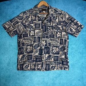 Vintage Hawaiian Reserve Shirt Floral Blue Cream Tan Aloha Button Up L